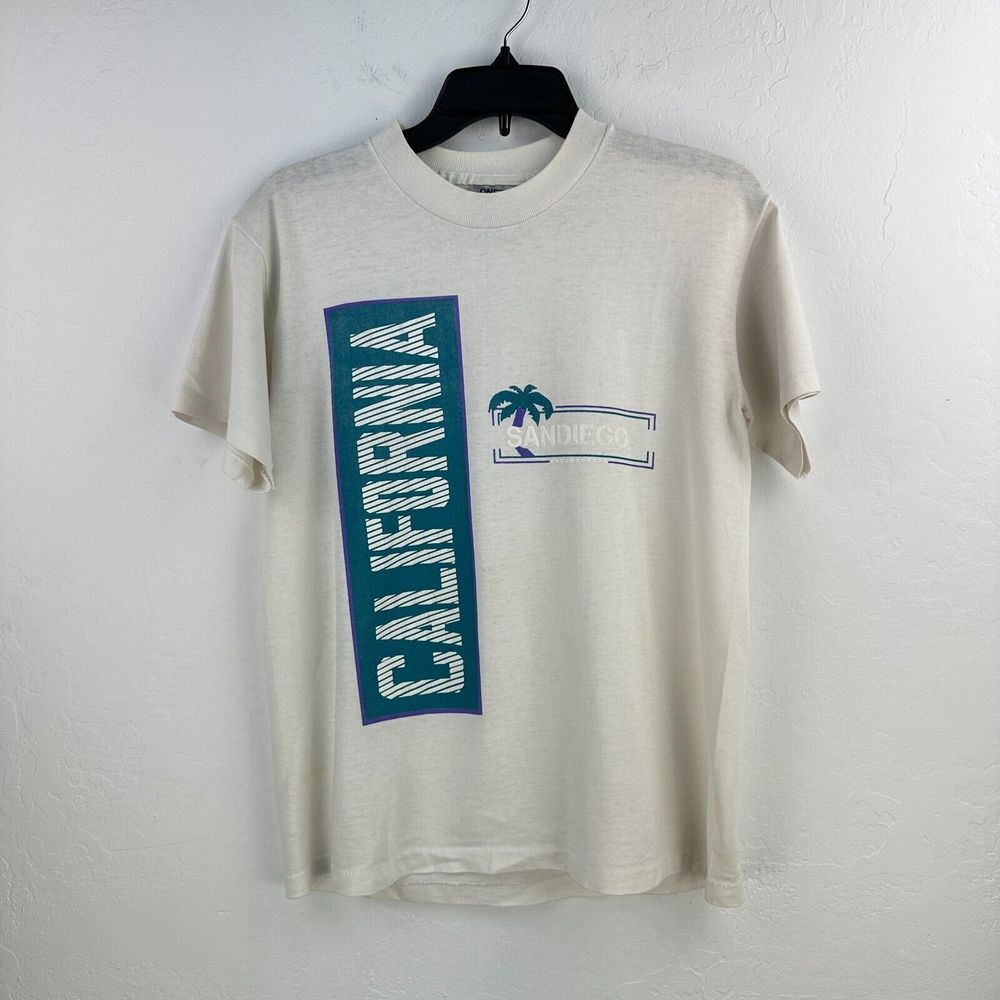 Vintage Oneita Tshirt Mens Medium White‎ Black California San Diego Short Sleeve